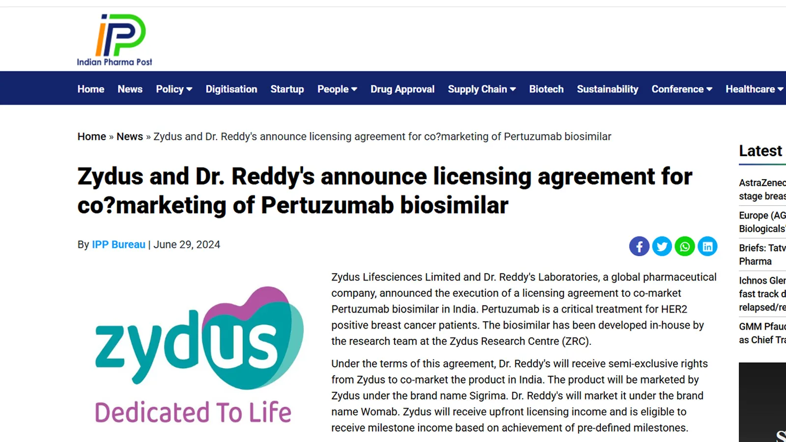 Zydus and Dr Reddy's ink licensing agreement to co-market Pertuzumab in India